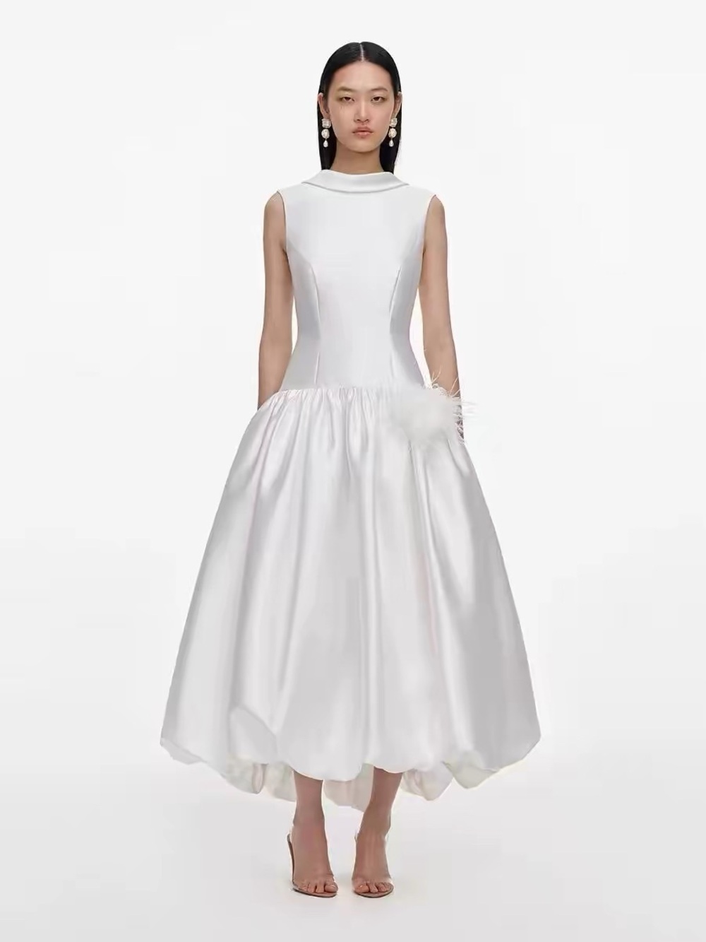 Self-Portrait White Taffeta Bubble Hem Drop Waist Open Back Midi Dress NWOT